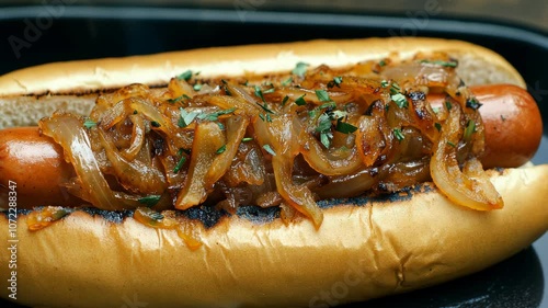 A close-up of a hot dog topped with caramelized onions and parsley photo