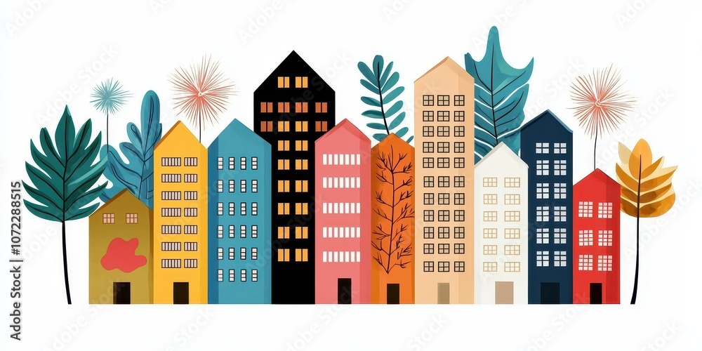 Obraz premium Colorful and Playful Cityscape Illustration with Diverse Buildings Surrounded by Foliage and Abstract Elements for Creative and Modern Design Needs