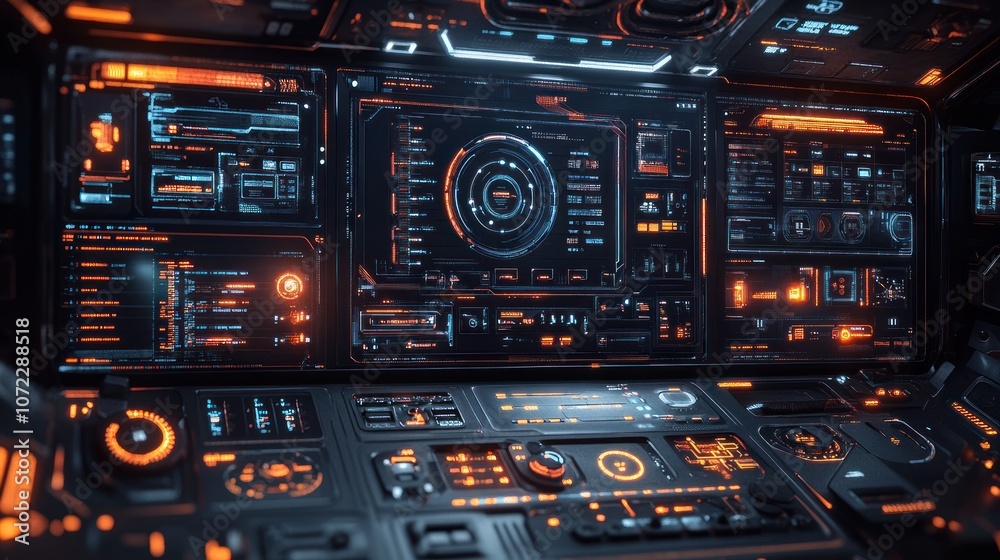 Futuristic control panel with glowing interface and buttons. Futuristic control panel with glowing interface and buttons.