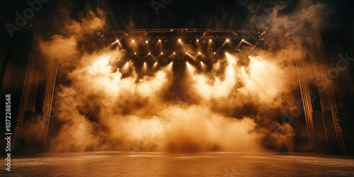 Ultra-wide panoramic view of smoke cascading across Broadway stage, converging spotlight array, sharp light columns, dramatic proscenium arch framing, cinematic stage composition photo