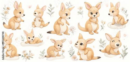 Seamless pattern of adorable rabbits sitting with floral backgrounds photo