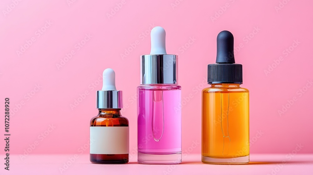 Three glass dropper bottles with different colored liquids on a pink background. Three glass dropper bottles with different colored liquids on a pink background.