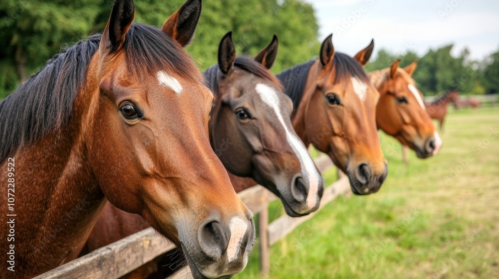 Equestrian field bordered by a wooden fence, with horses trotting gracefully in the cool morning air Equestrian field bordered by a wooden fence, with horses trotting gracefully in the cool morning air