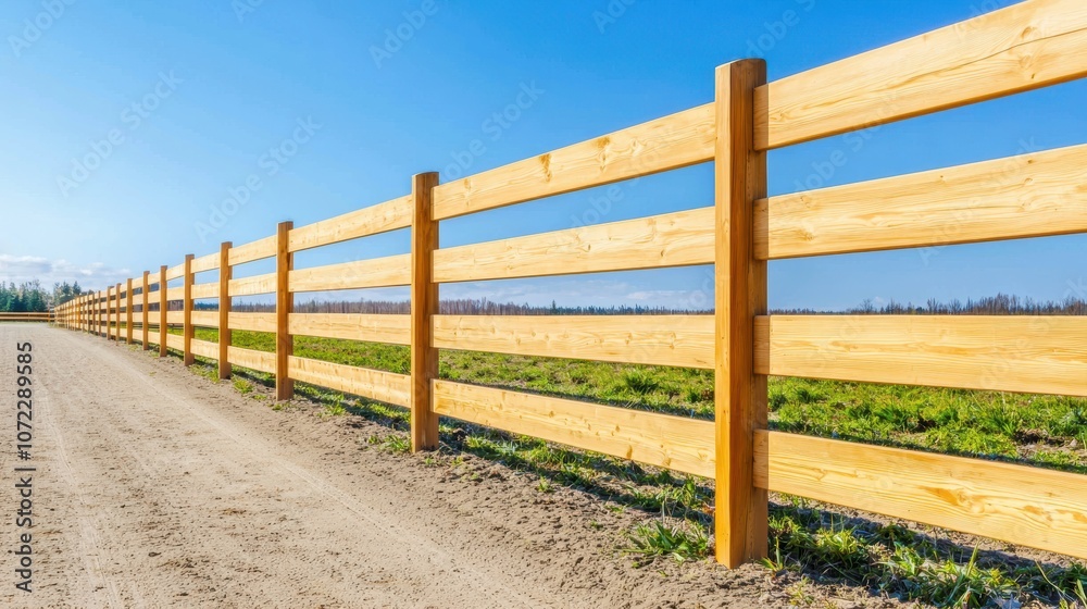 Equestrian field bordered by a wooden fence, with horses trotting gracefully in the cool morning air Equestrian field bordered by a wooden fence, with horses trotting gracefully in the cool morning air