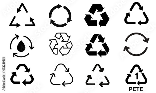 Recycle icon set Generally used for eco-friendly practices, recycling campaigns, environmental initiatives, and sustainability projects.