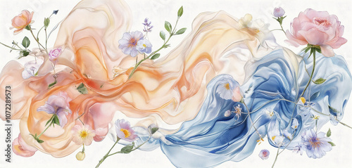 Watercolor illustration of flowing ribbons and pastel flowers photo