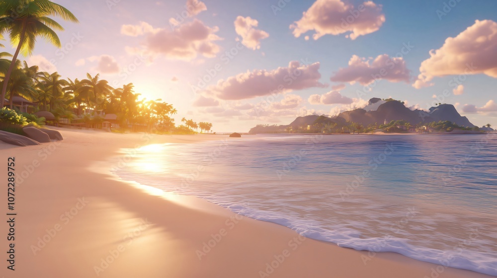 Tropical beach with palm trees and pink sunset reflecting on the ocean Tropical beach with palm trees and pink sunset reflecting on the ocean
