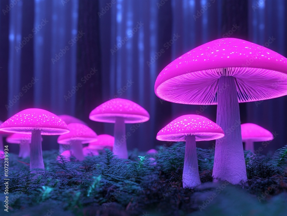 Fototapeta premium Vibrant glowing mushrooms illuminate a mystical forest at night