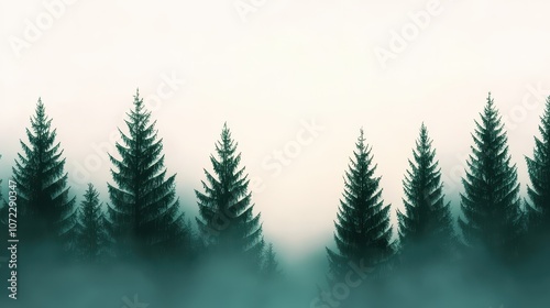 Tranquil Misty Forest Scenery with Tall Evergreen Trees Reaching Towards a Softly Lit Sky in an Atmospheric Natural Landscape Setting