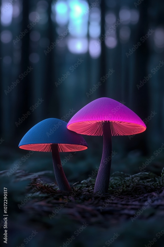 Fototapeta premium Colorful glowing mushrooms in a dark forest during evening hours
