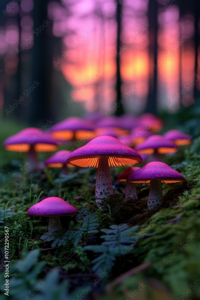 Fototapeta premium Vibrant purple mushrooms glow under a sunset in a dense forest