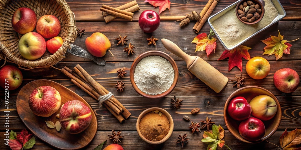 A rustic autumnal still life featuring a wooden table adorned with red apples, cinnamon sticks, star anise, and a rolling pin, hinting at the upcoming baking season. A rustic autumnal still life featuring a wooden table adorned with red apples, cinnamon sticks, star anise, and a rolling pin, hinting at the upcoming baking season.