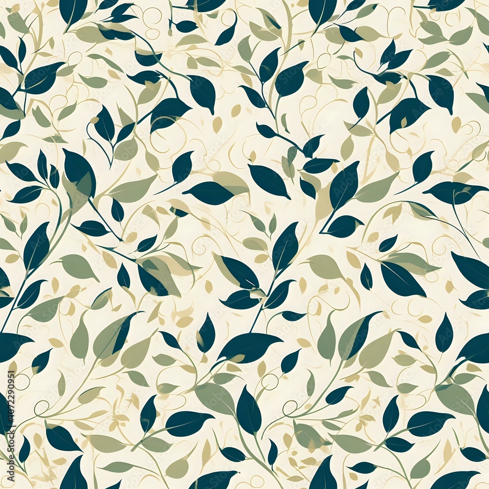 Elegant floral seamless pattern with teal and sage green leaves on ivory background, tiles perfectly for fabric design and sophisticated surface patterns.