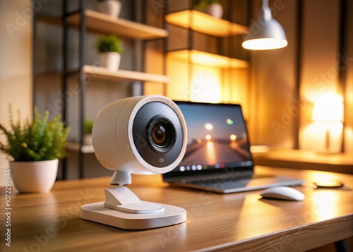 Modern White Webcam for Video Conferencing in Soft Ambient Light, Showcasing High-Quality Design and Functionality for Professional and Personal Use in a Home Office Setting