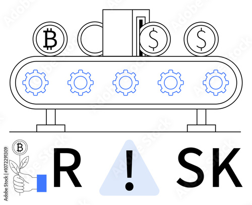 Financial conveyor belt with bitcoin and dollar symbols, risk warning sign. Ideal for finance, cryptocurrency, investment, economics, risk management, automation digital transactions. Line metaphor