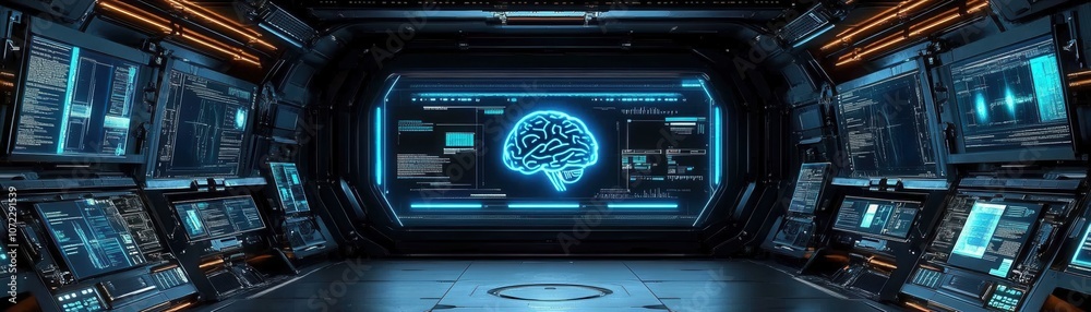 Futuristic control room with advanced AI interface and sleek design for tech enthusiasts and creators. Futuristic control room with advanced AI interface and sleek design for tech enthusiasts and creators.