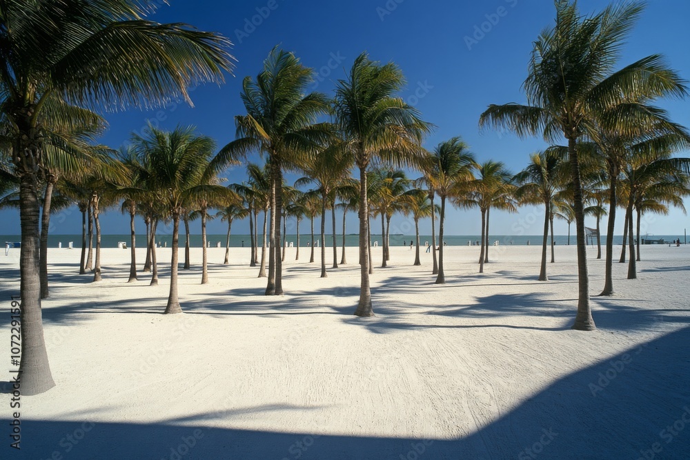 Obraz premium Tropical Beach with Swaying Palm Trees Under Sunlight