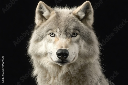 Portrait of a wolf in black and white with its front view isolated on a black background