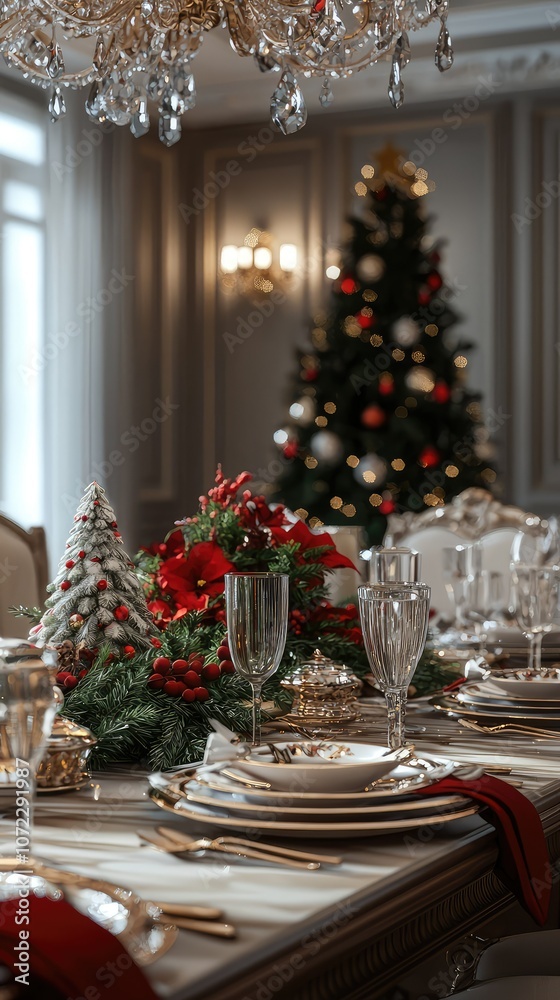 Fototapeta premium Festive Dining Room Set for Christmas Dinner Celebration