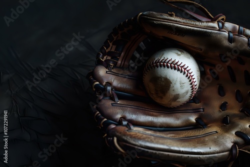 Professional baseball equipment staged in dramatic low key lighting featuring vintage leather glove and game ball, perfect for sports marketing and athletic theme designs. photo