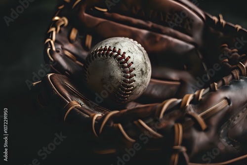 Professional baseball equipment staged in dramatic low key lighting featuring vintage leather glove and game ball, perfect for sports marketing and athletic theme designs. photo