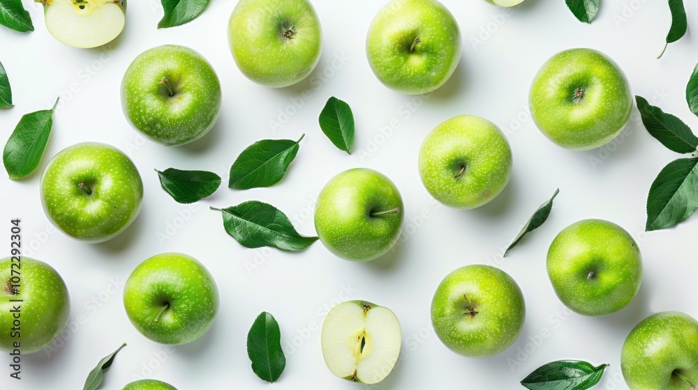 A close up of green apples with leaves scattered around them A close up of green apples with leaves scattered around them