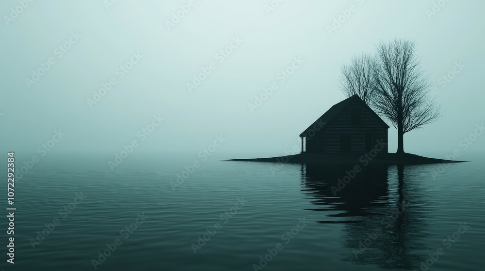 Mysterious house and tree on lonely island surrounded by foggy water