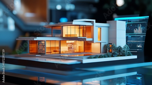 A modern architectural model showcasing a sleek design with illuminated features and digital interface elements.