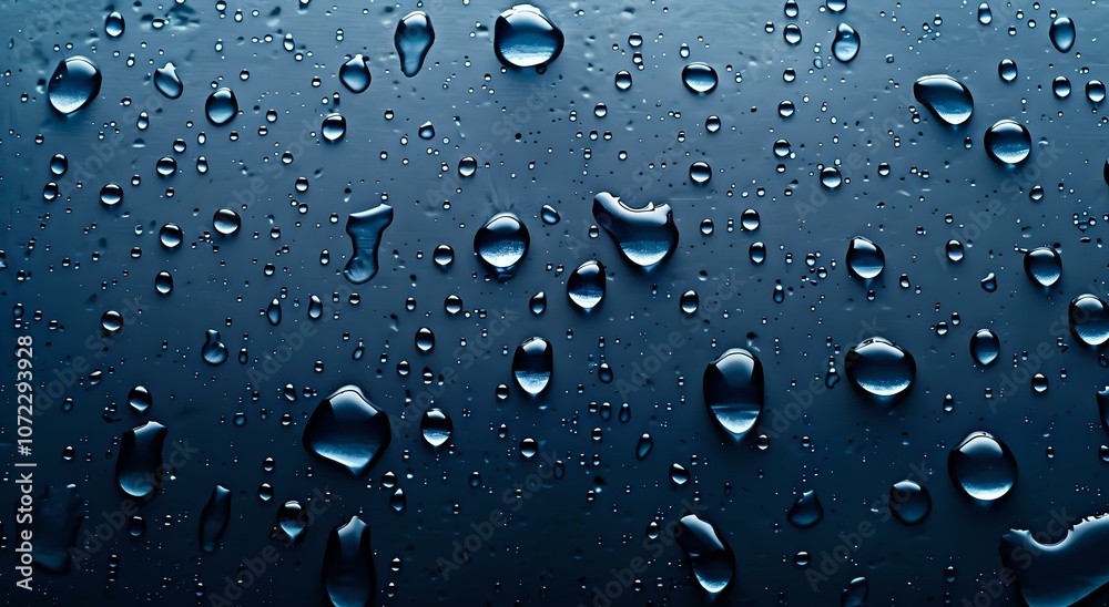 Clear water droplets on dark surface with natural pattern formation and deep blue tones capturing condensation detail, perfect for freshness and hydration concepts. Clear water droplets on dark surface with natural pattern formation and deep blue tones capturing condensation detail, perfect for freshness and hydration concepts.