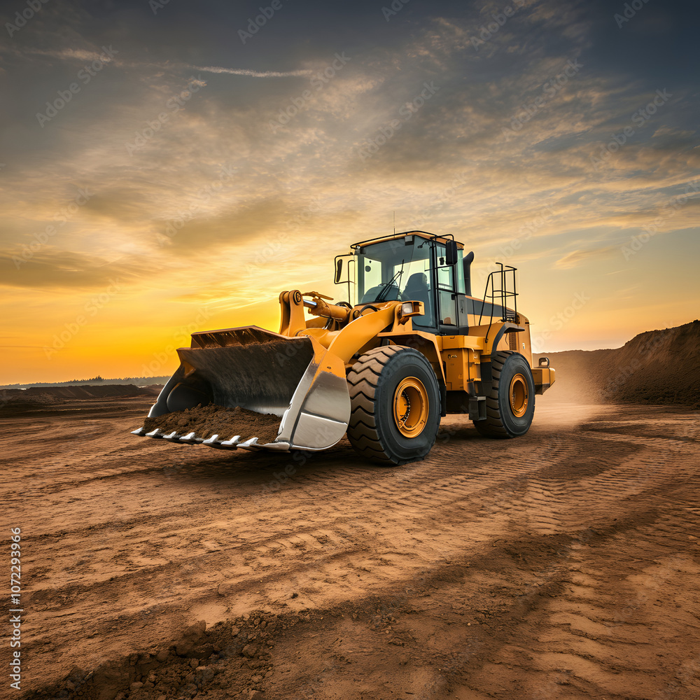 Bulldozer or loader moves the earth at the construction site against the sunset sky. Contrasting image of a modern loader or bulldozer. Construction heavy equipment for earthworks Bulldozer or loader moves the earth at the construction site against the sunset sky. Contrasting image of a modern loader or bulldozer. Construction heavy equipment for earthworks
