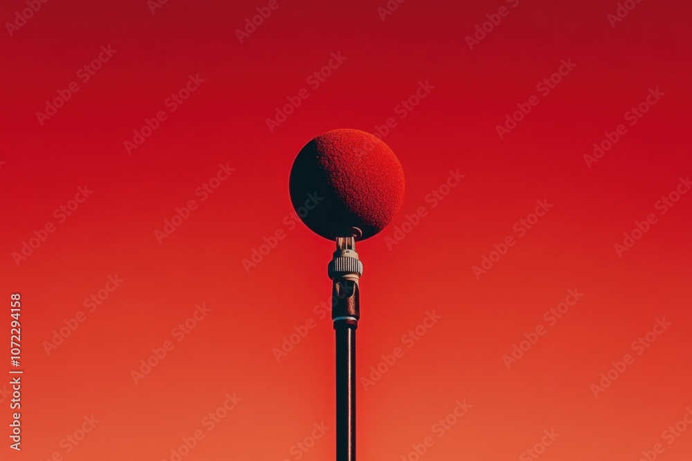 Closeup of a red microphone on a stand against a vibrant red background