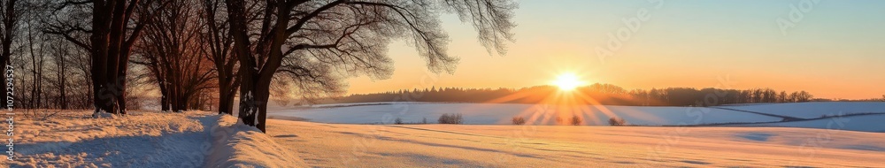 Winter sunrise over a snowy landscape with trees and fields Winter sunrise over a snowy landscape with trees and fields