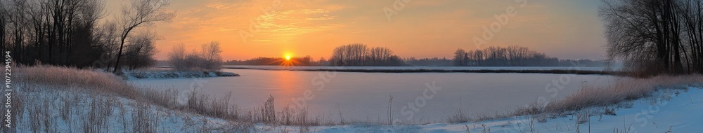 Obraz premium Winter sunrise over a frozen lake with trees lining the shore