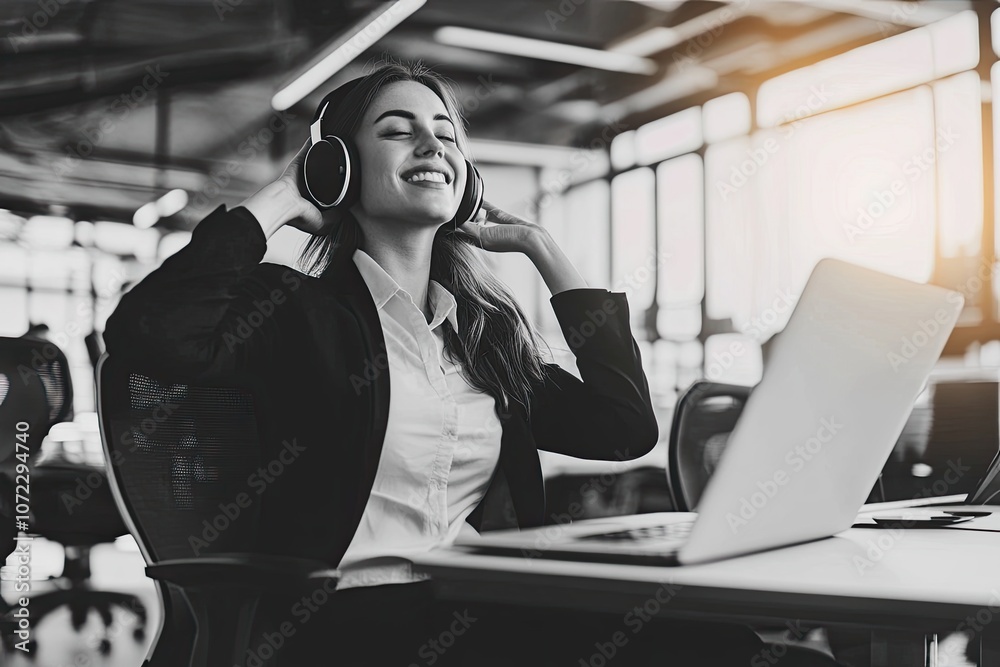 Image of young satisfied happy cheerful cute beautiful business woman sitting indoors in office using laptop. Image of young satisfied happy cheerful cute beautiful business woman sitting indoors in office using laptop.