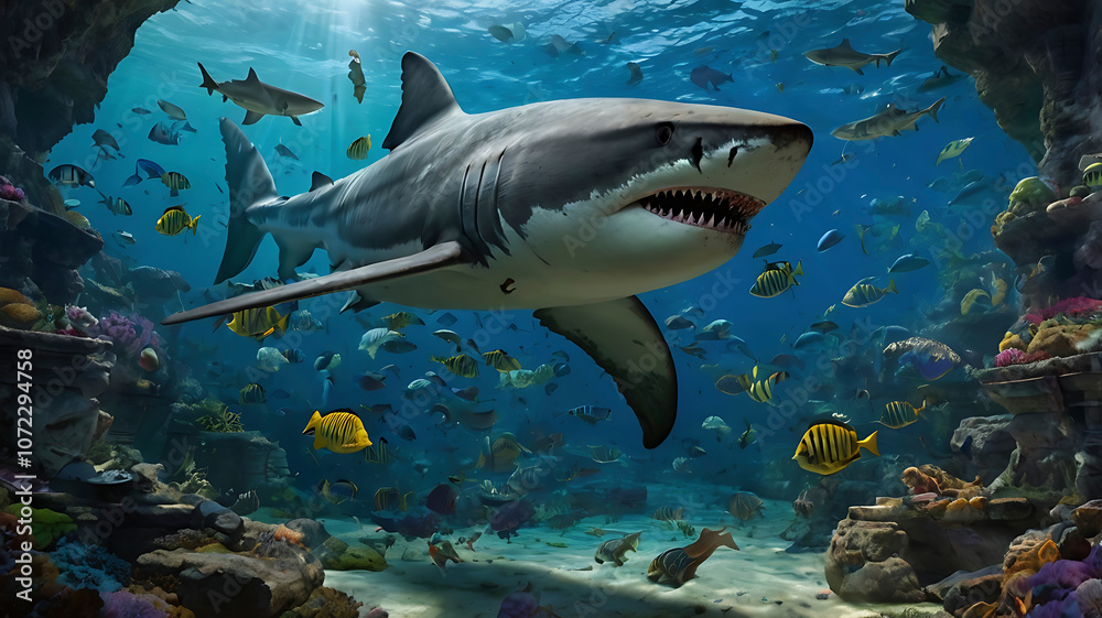 Obraz premium Atlantis Reimagined with Megalodon and Sharks Vibrant Underwater