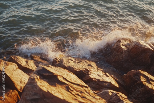 Waves Crashing on Rocky Shore at Sunset