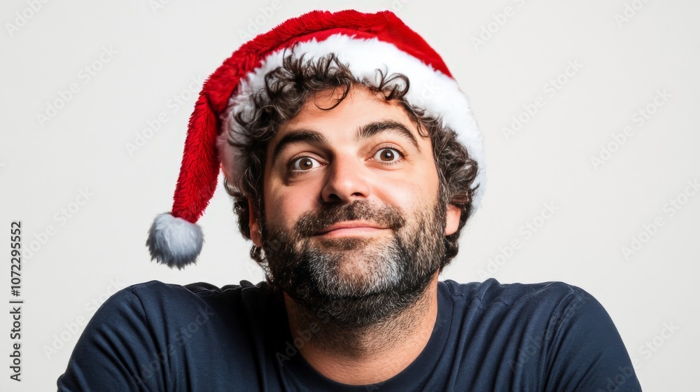 Festive Man in Fluffy Santa Hat with Cheerful Expression Festive Man in Fluffy Santa Hat with Cheerful Expression