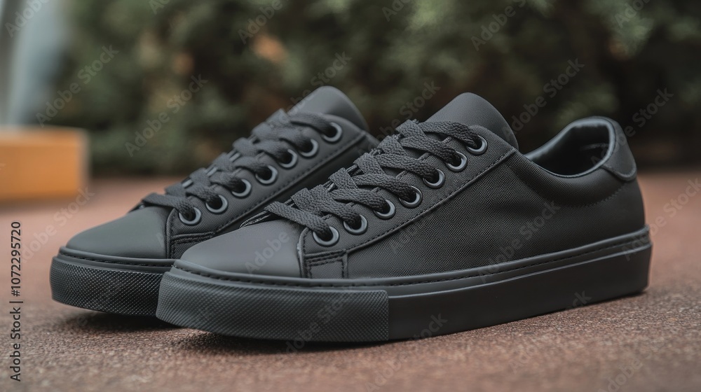 All-Black Canvas Sneakers on a Brown Background All-Black Canvas Sneakers on a Brown Background