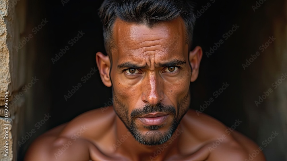Obraz premium A Close-Up Portrait of a Muscular Man With Intense Expression, Captured in Natural Light Near a Stone Wall