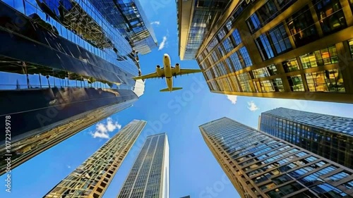 airplane flying over city during the day