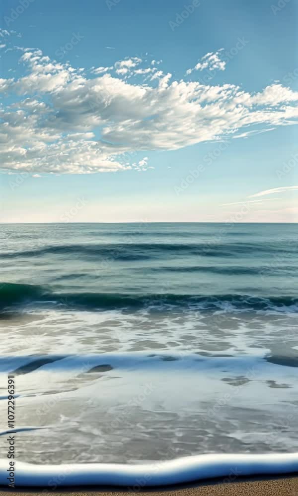 Ocean waves crashing on sandy beach under blue sky, tranquil seascape. Nature and relaxation concept Ocean waves crashing on sandy beach under blue sky, tranquil seascape. Nature and relaxation concept
