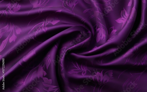 A luxurious deep purple fabric with intricate floral patterns, elegantly draped to showcase its texture and sheen. photo