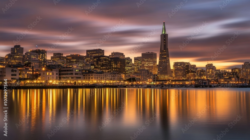 Obraz premium Stunning cityscape of a vibrant metropolis at sunset with glowing skyscrapers and their reflections in the calm waters