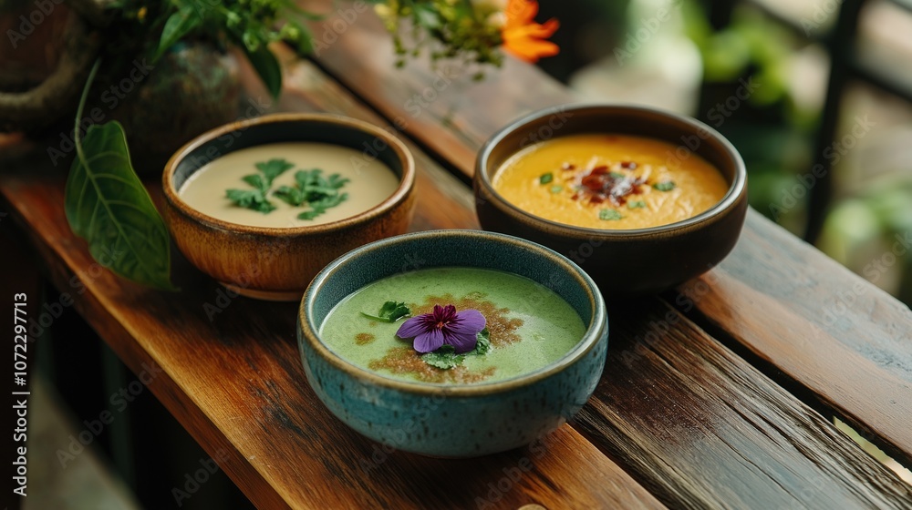 Gourmet Soup Bowls with Fresh Herb Garnishes on Rustic Wooden Table Gourmet Soup Bowls with Fresh Herb Garnishes on Rustic Wooden Table