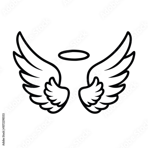 Angel wings and halo line drawing, Simple black and white line drawing of a pair of angel wings with a halo, symbolizing purity and spirituality.
