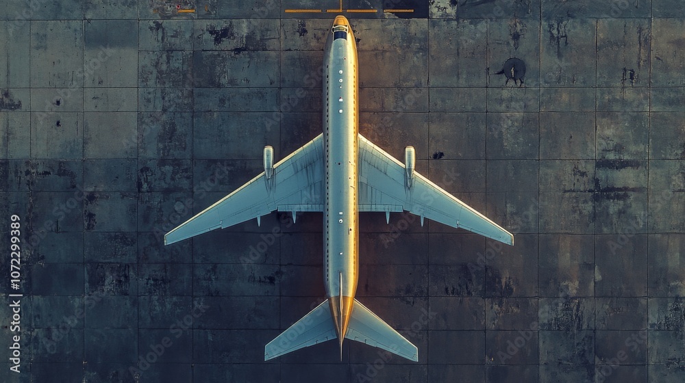 A large passenger airplane parked on a concrete runway during sunset, showcasing its sleek design and vibrant colors in the golden light A large passenger airplane parked on a concrete runway during sunset, showcasing its sleek design and vibrant colors in the golden light