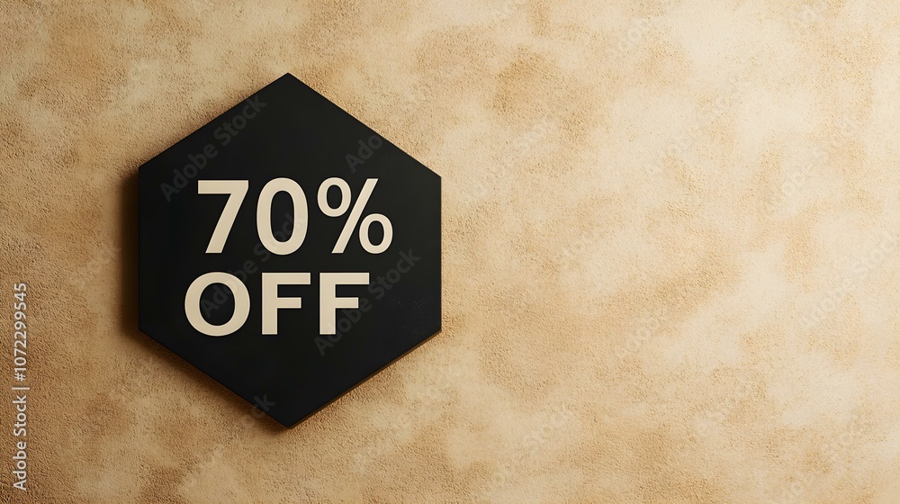 Black '70% OFF' Promotional Sign on a Light Brown Background with Copy Space Black '70% OFF' Promotional Sign on a Light Brown Background with Copy Space