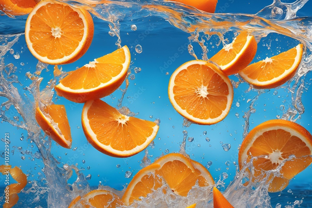 The blue background is dominated by orange slices with water splashes.