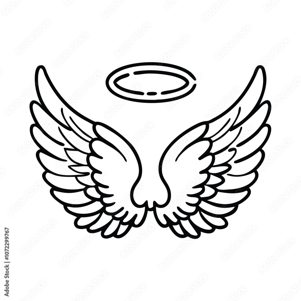 Obraz premium Angel wings and halo line drawing, Simple black and white line drawing of a pair of angel wings with a halo, symbolizing purity and spirituality. 