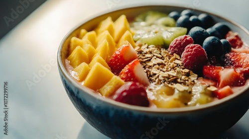 Vibrant Tropical Smoothie Bowl, a health-focused breakfast featuring a colorful medley of fresh fruits, crunchy seeds, and wholesome granola, perfect for a nutritious start to the day